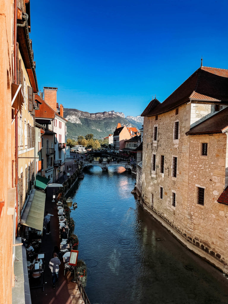 view of the mountains and old town from our airbnb in annecy
